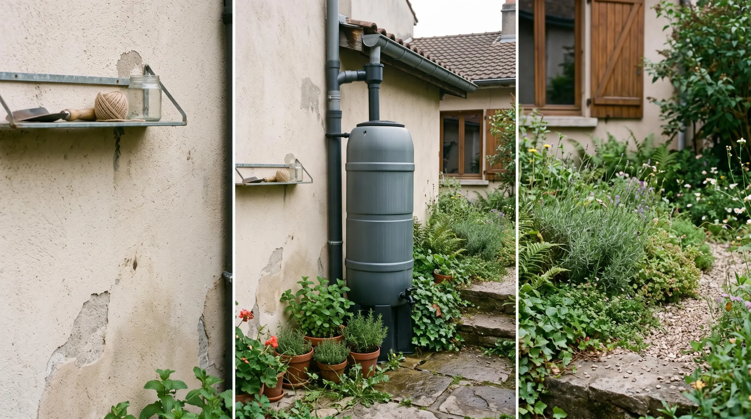 Une cuve aérienne fine installée dans l'angle d'un petit jardin urbain.
