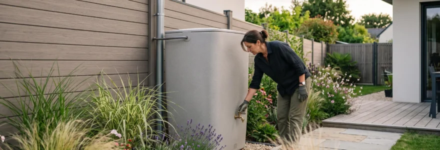 Une cuve de récupération d'eau de pluie discrète intégrée à un petit jardin contemporain.